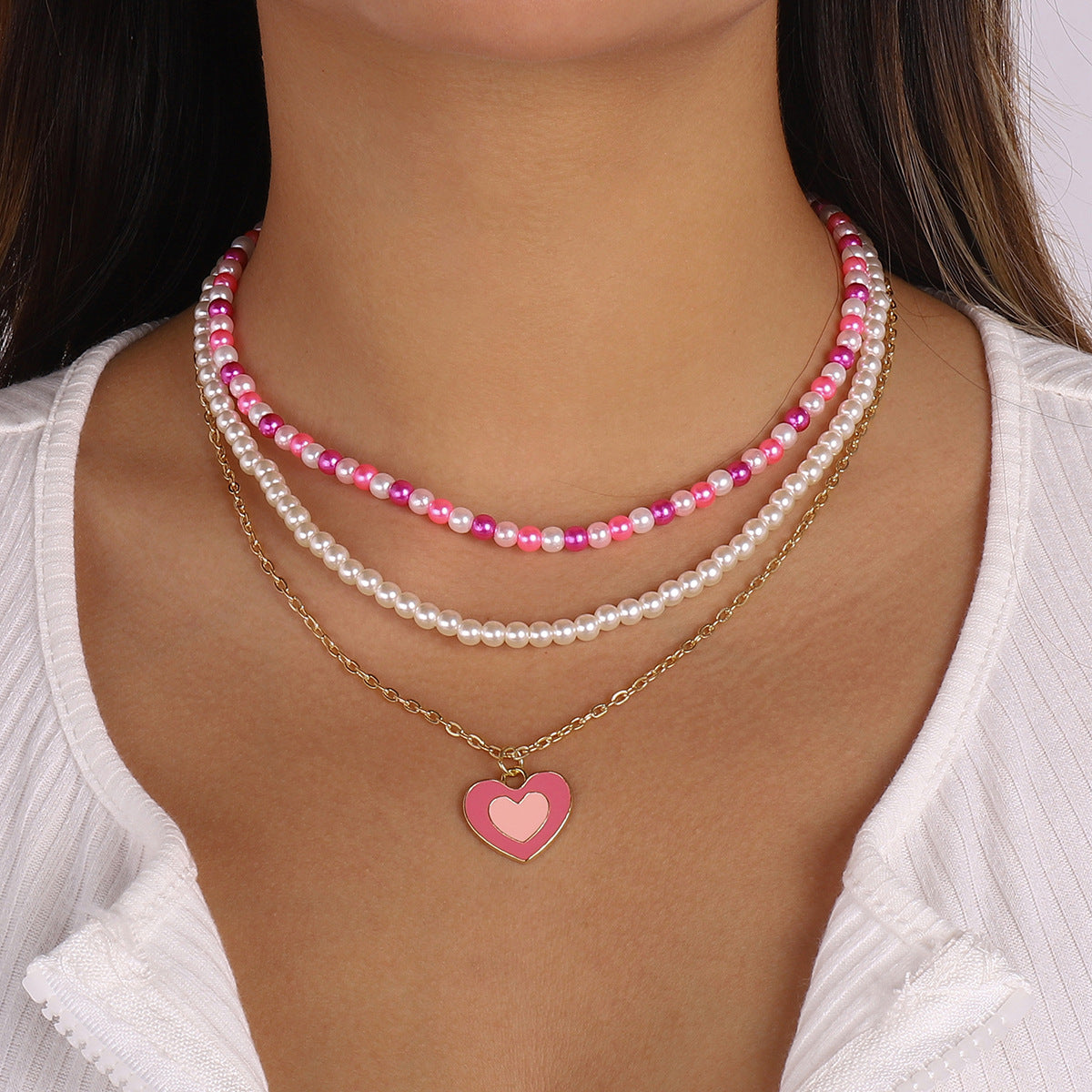 N9938 Retro Pearl Necklace Women's Multi-layer Fashion Drip Oil Heart Necklace Romantic Temperament Geometric Necklace