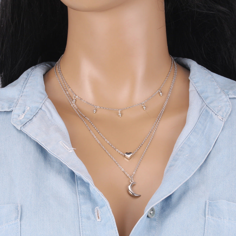 Ins hip-hop retro peach heart necklace women's multi-layer mix and match moon pendant sweater chain