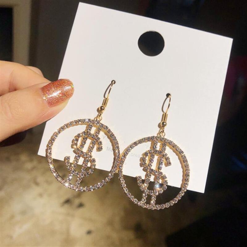 Dollar Rhinestone Stud Earrings Fashion Exaggerated Personality Shiny Metal Dollar Coin Symbol Alphabet Long Earrings