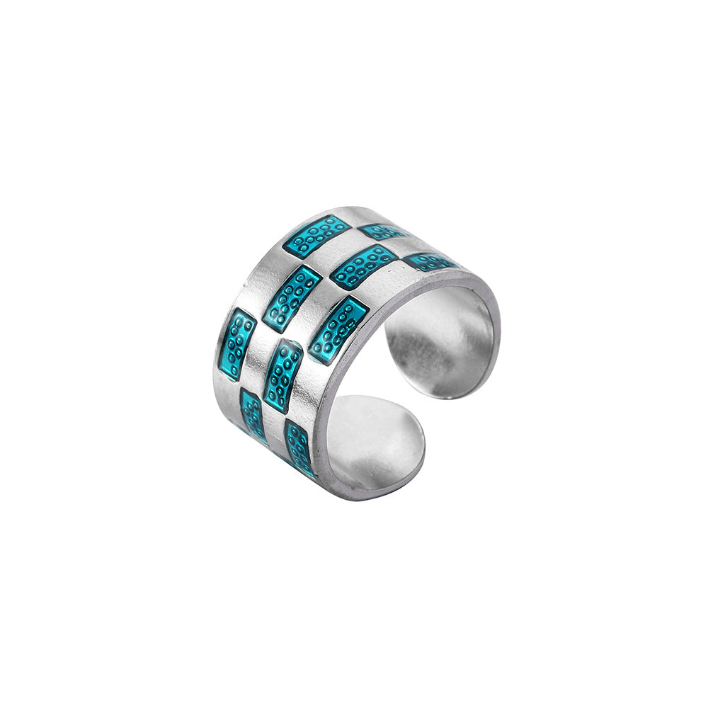 Fashion Simple Checkerboard Drip Oil Design Minority Stainless Steel Ring Original Versatile Women