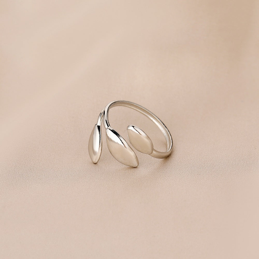 Fashion personality adjustable love stainless steel open ring simple feather leaf heart-shaped ring jewelry