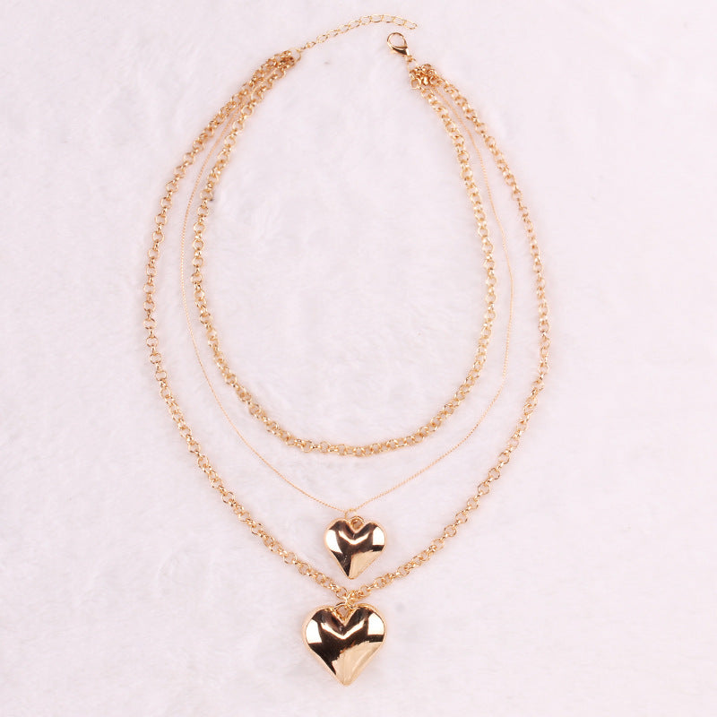 Jewelry Fashion Glossy Three-dimensional Love Pendant Earrings Necklace Women's Multi-layer Chain Peach Heart Necklace