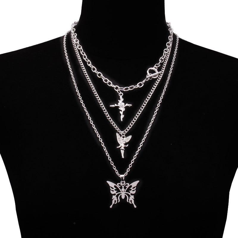 Hip-hop cross chain chain trendy street metal fashion design butterfly pendant clavicle chain multi-piece necklace