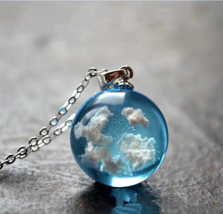 Creative handmade jewelry blue sky white cloud forest transparent spherical resin pendant short necklace ETSY