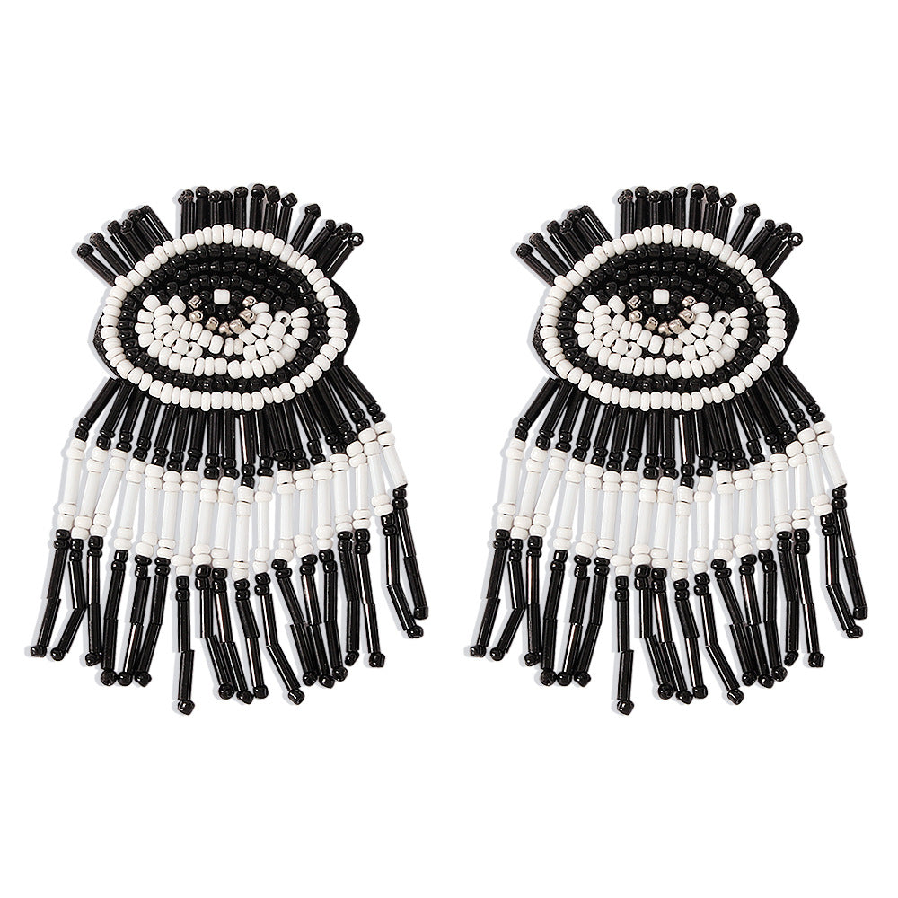 E1317 Bohemian Personality Tassel Earrings Exaggerated Devil's Eye Stud Earrings Beaded Contrasting Color Earrings