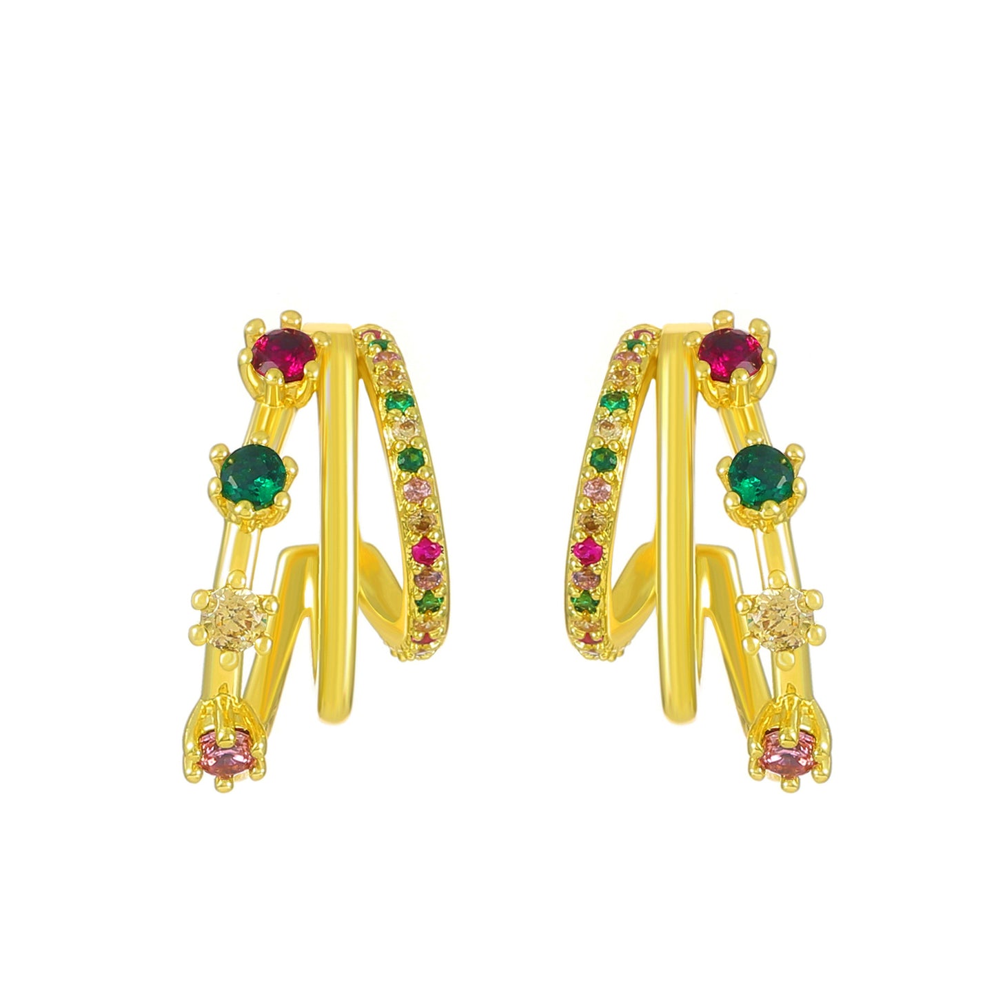 Explosive pink zircon earrings retro fashion niche design metal multi-layer C-shaped stud earrings temperament earrings