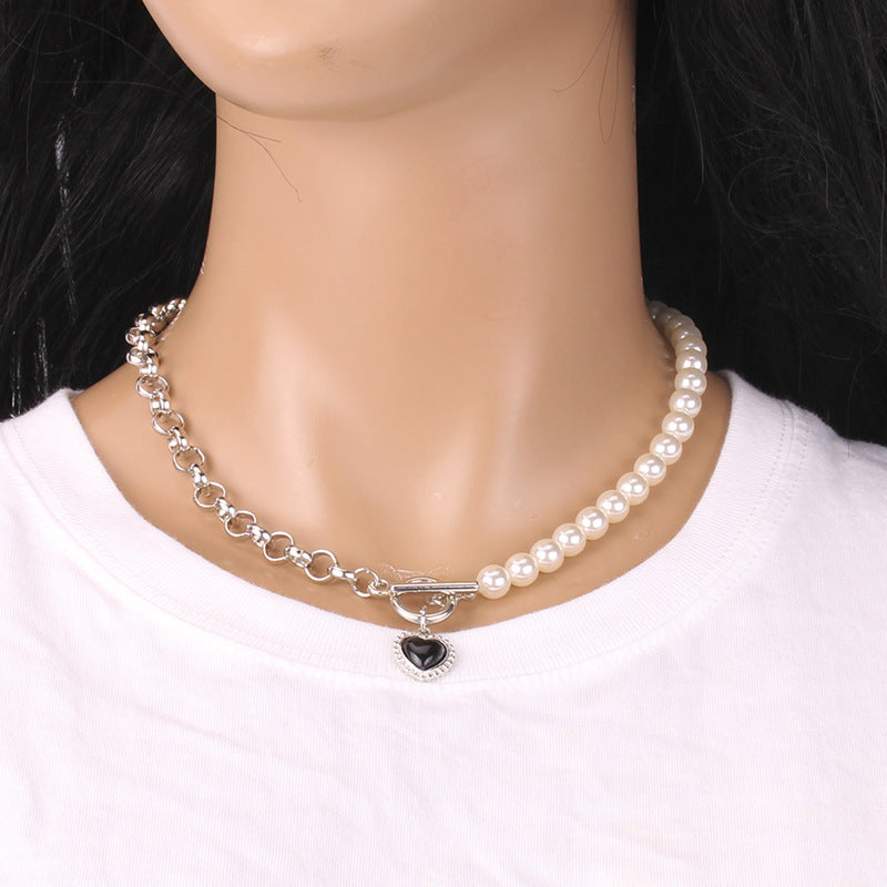 Ins super fire black agate peach heart clavicle chain imitation pearl necklace female trendy net red clavicle chain heart-shaped necklace