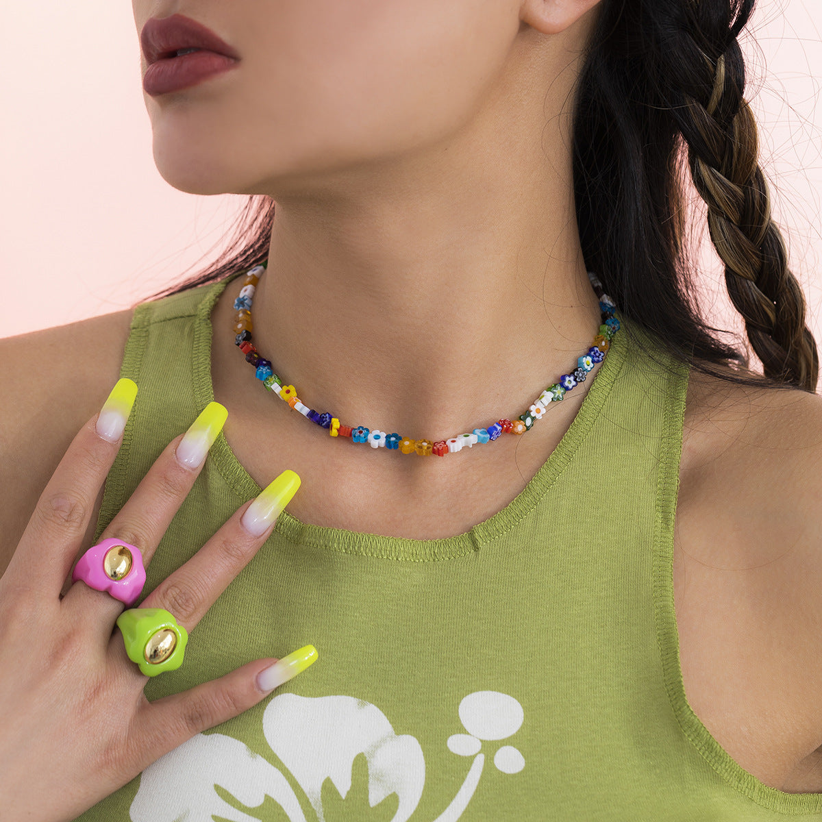 Jewelry Simple Color Small Flower Beaded Necklace Fashion Street Shooting Spice Girls Clavicle Necklace Female