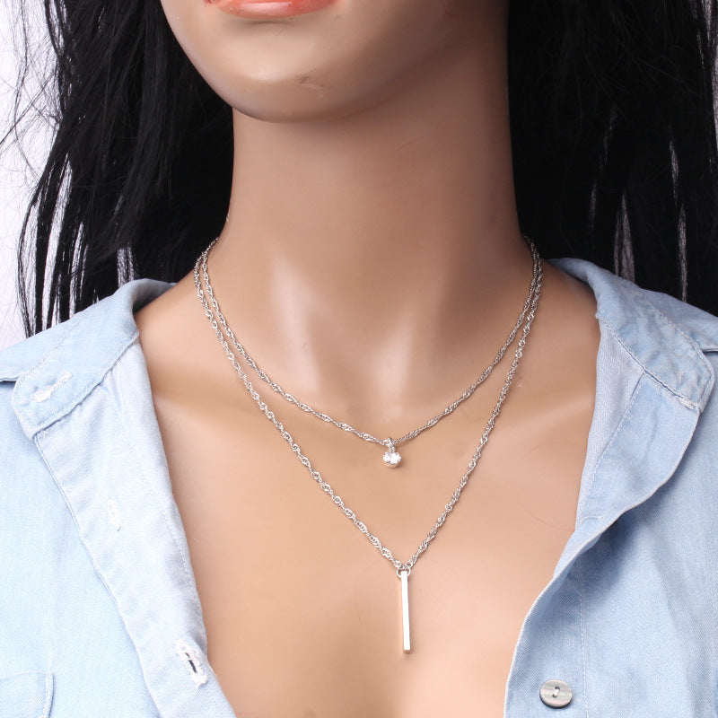 Simple Fashion Temperament Versatile Necklace Frosty Grid Metal Texture Double Layer Necklace Female Diamond Pendant Decoration