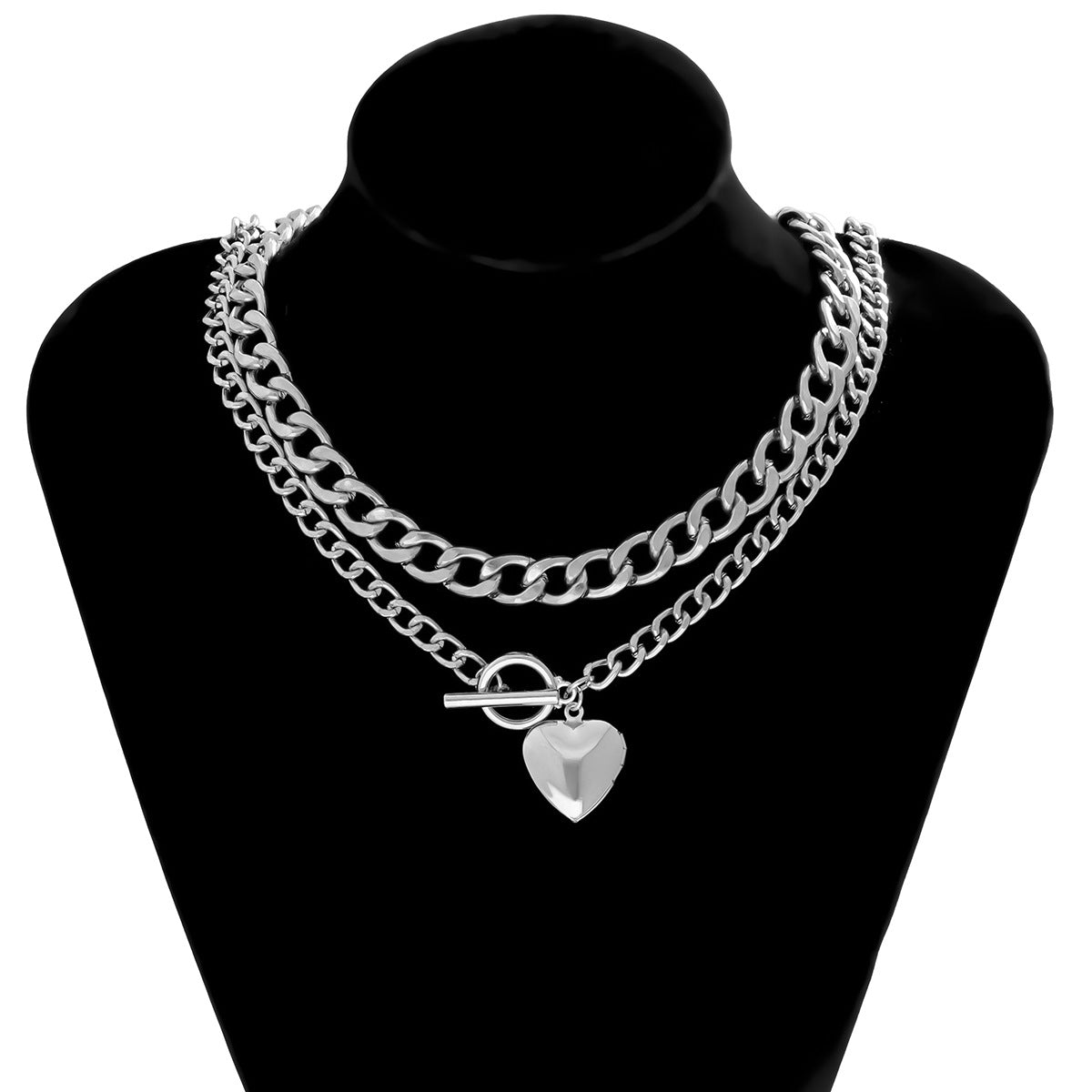 Jewelry Creative OT Buckle Geometric Necklace Punk Thick Chain Open Peach Heart Double Layer Necklace Female