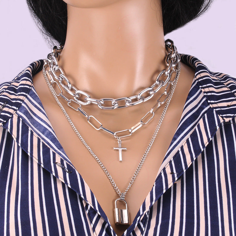 Exaggerated silver cross padlock alloy pendant multi-layer set chain hip-hop dark necklace