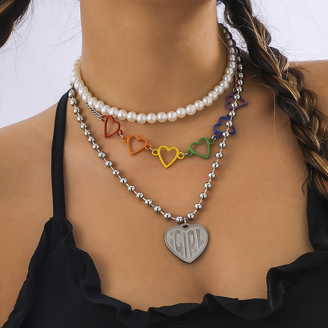 Jewelry Set Imitation Pearl Chain Necklace Punk Colorful Heart Cutout Alphabet Pendant Necklace