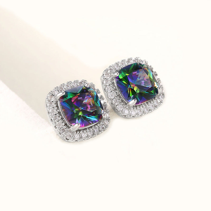 Jewelry Temperament Women's Color Diamond Earrings Fashion Niche Four-claw Stud Earrings Jewelry