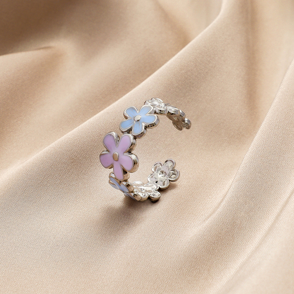 Fashion personality color drop oil flower feather stainless steel ring love titanium steel open ring jewelry