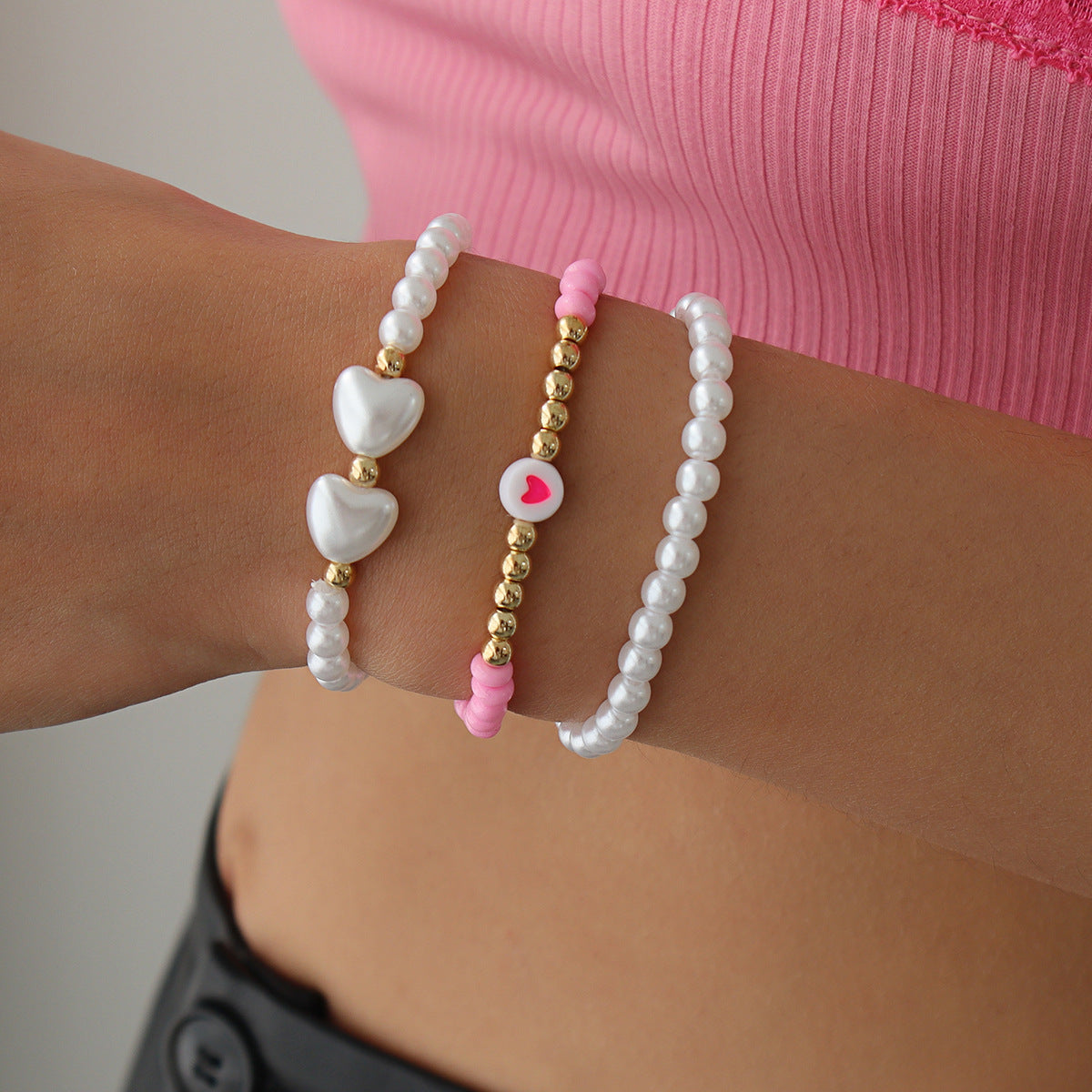 B165 Bohemian Ethnic Bracelets Pearl Resin Geometric Love Bracelet Contrasting Color Stretch Commuting Jewelry