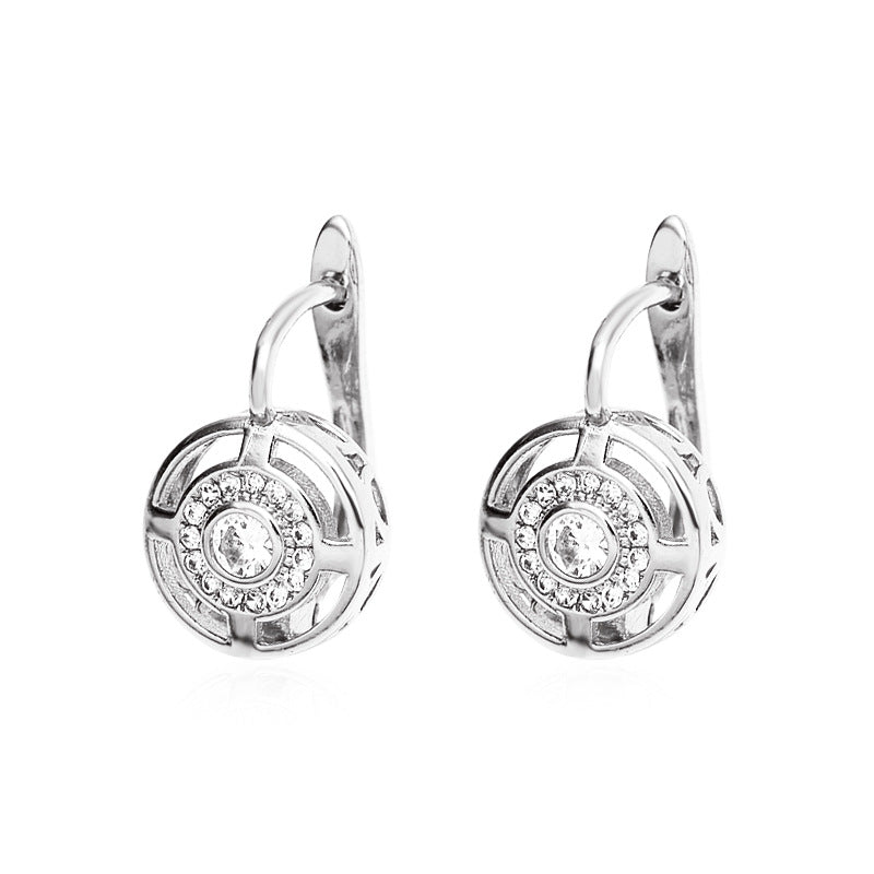 Retro round earrings copper inlaid zircon creative hollow earrings ins temperament French earrings jewelry female