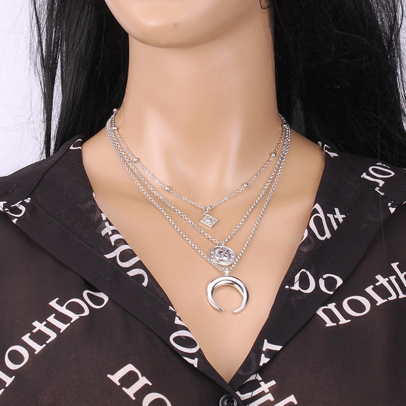 Personality multi-layer moon portrait pendant collarbone chain personality all-match necklace female