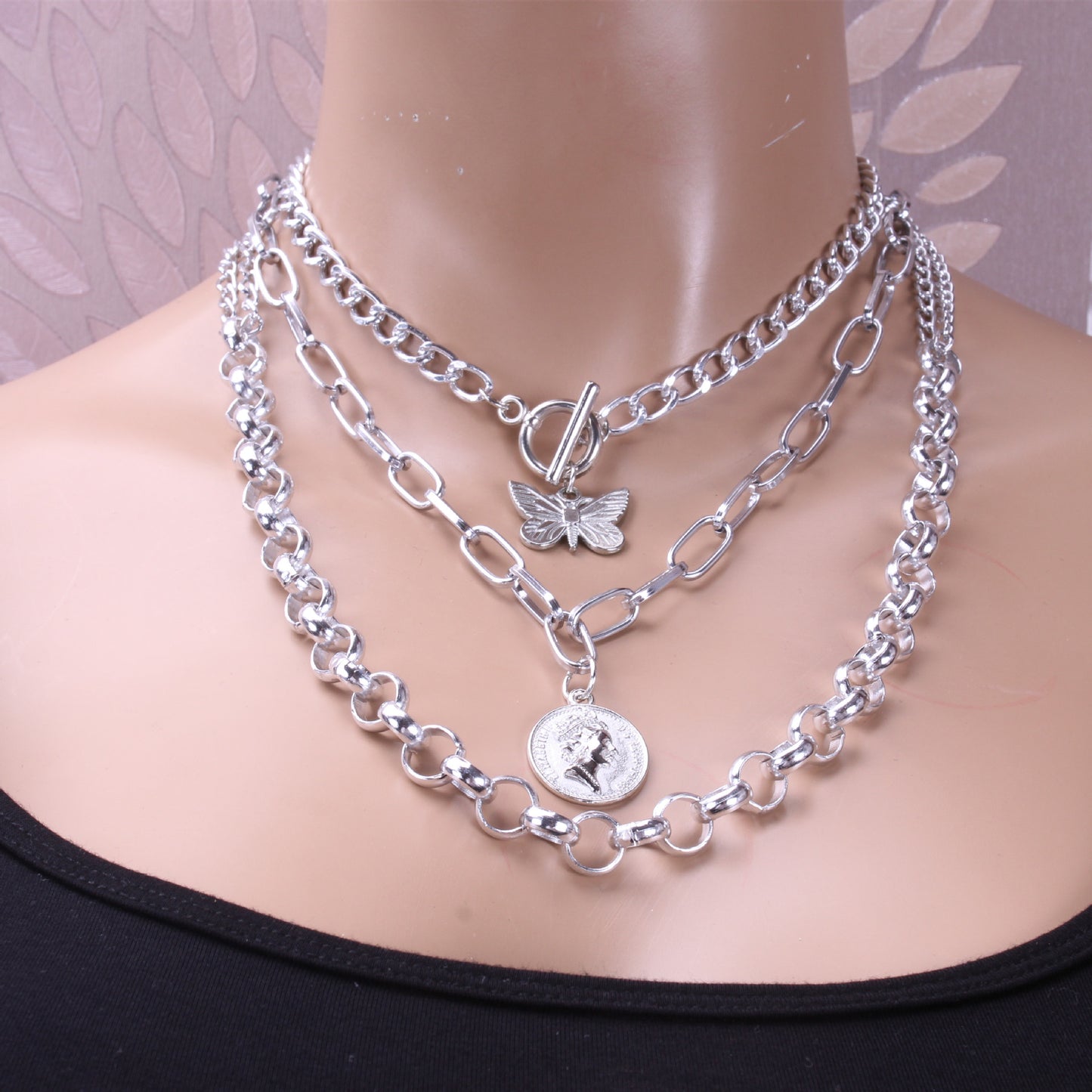 Punk street portrait coin pendant metal exaggerated thick chain butterfly multi-layer necklace