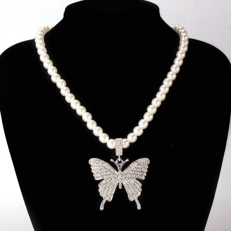 Jewelry simple single-layer tassel all-match necklace female personality generous diamond butterfly pearl necklace