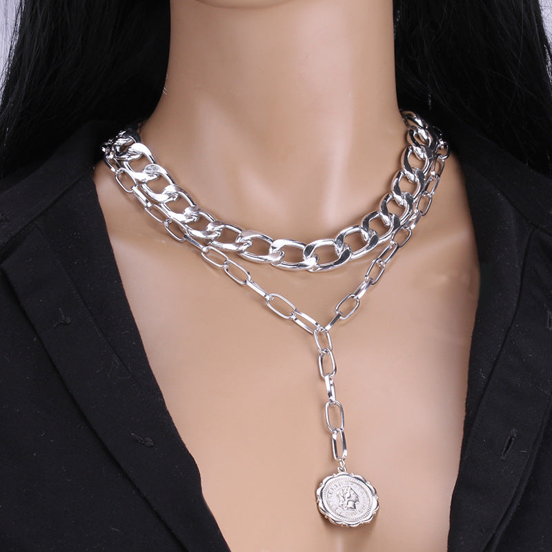 Portrait ins indifferent double-layer alloy necklace female hip-hop niche design clavicle chain year