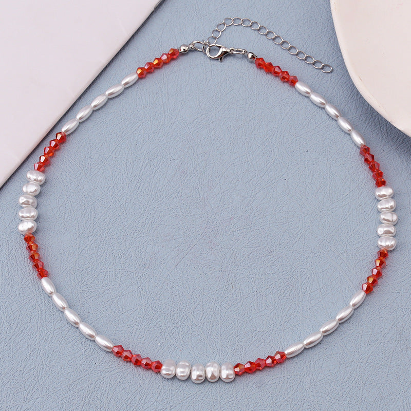 Simple Bohemian Pearl Necklace Stainless Steel Niche Design Glass Crystal Beads Beaded Clavicle Chain