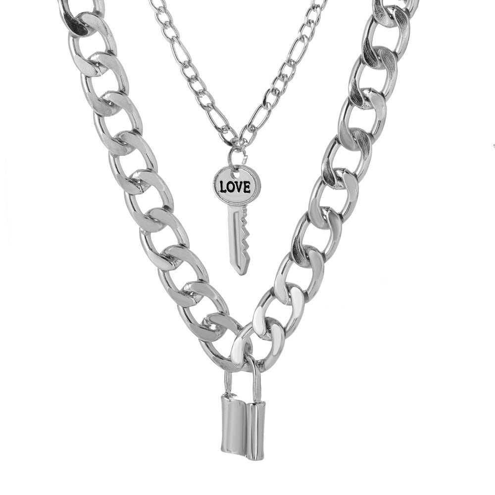 Double thick chain necklace retro punk lock key clavicle chain multi-layered geometric sweater chain