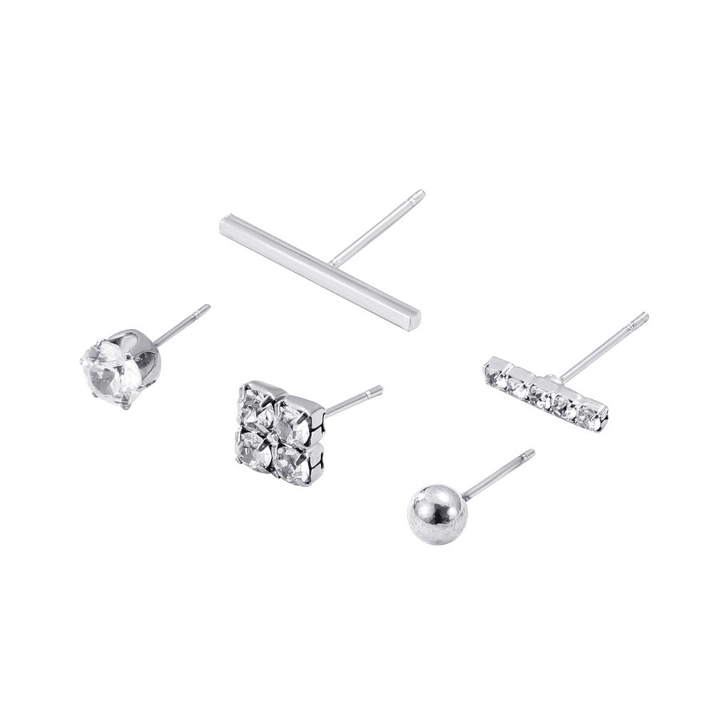 Fashionable Diamond Geometric Stud Earrings Set Niche Design Personality Internet Celebrity Trendy Earrings Five-piece Set Female