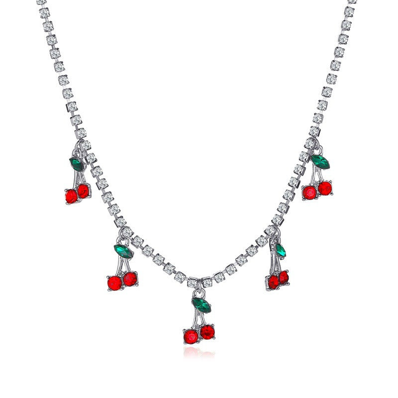 Rhinestone Cherry Necklace Hip Hop Tennis Chain Cherry Pendant Necklace Small Fresh Single Row Micro-studded Diamond Necklace
