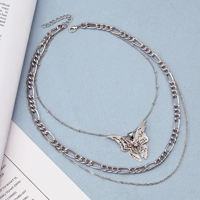 Fashion all-match necklace trend personality multi-layer chain with diamond big butterfly pendant necklace neck chain