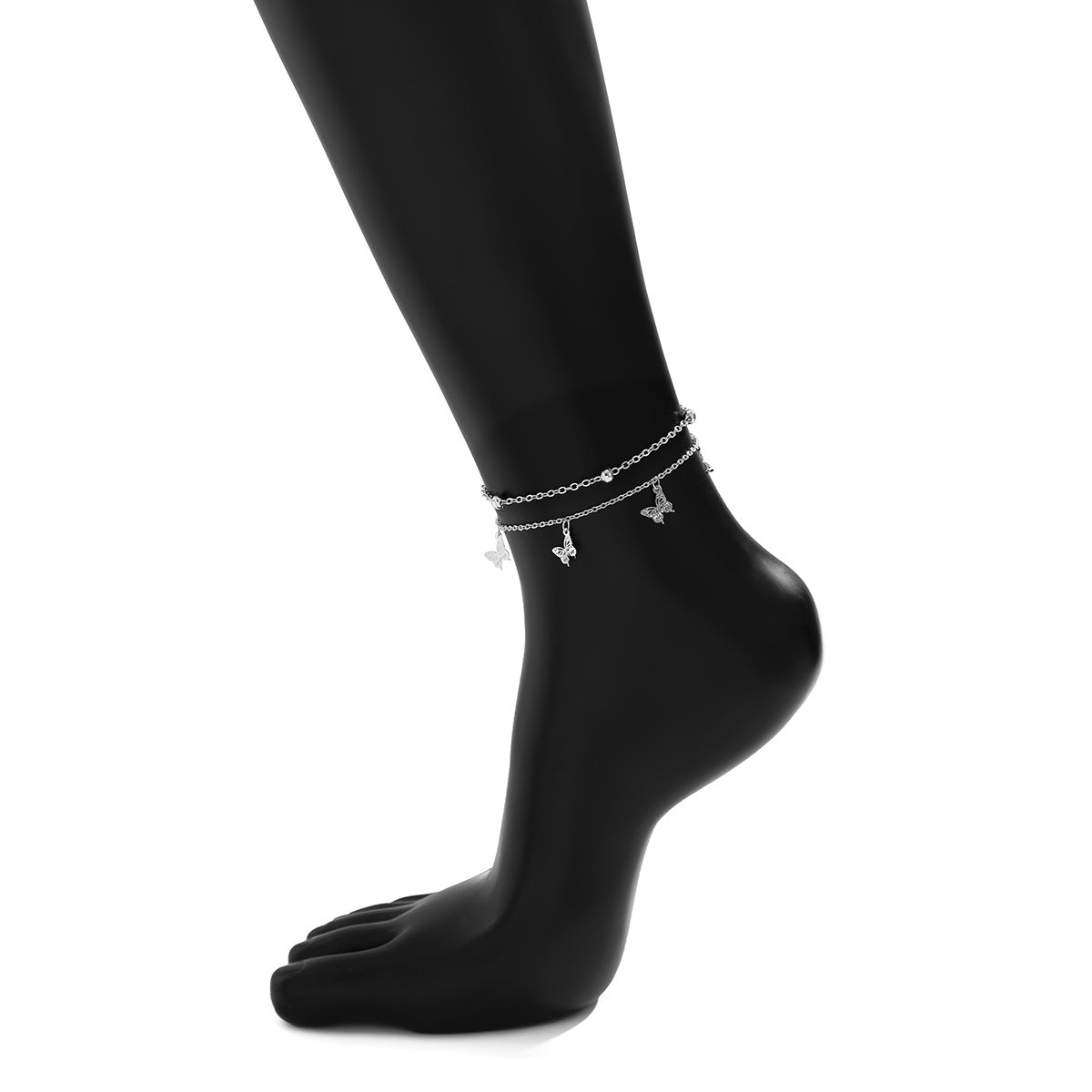 Ornament Simple Bead Geometric Foot Decoration Elegant Hollow Small Butterfly Tassel Double Layer Anklet Female