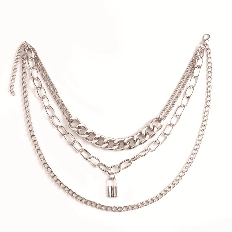 Punk hip-hop exaggerated thick aluminum chain metal multi-layer chain padlock necklace female