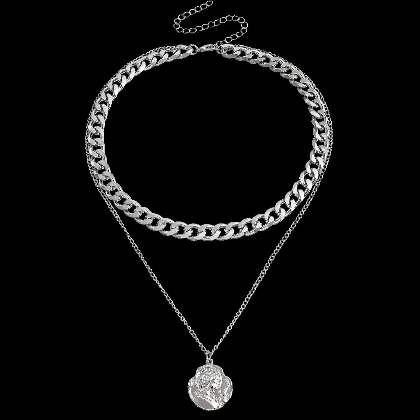 Jewelry retro double-layer geometric aluminum chain knight shield pendant necklace female ins niche