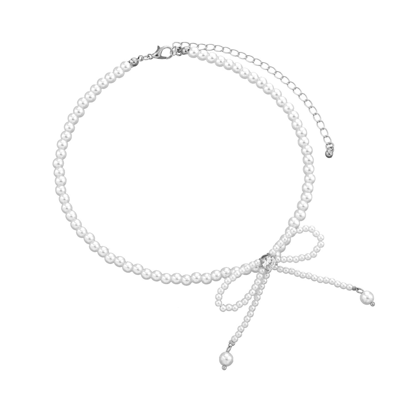 Jewelry Fashion Trend Full Pearl Tassel Temperament Necklace Diamond Bow Knot Super Fairy Clavicle Chain