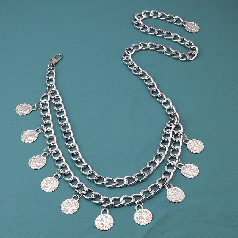 Jewelry Vintage Coin Pendant Tassel Waist Chain Feminine Double Layer Queen Embossed Body Chain