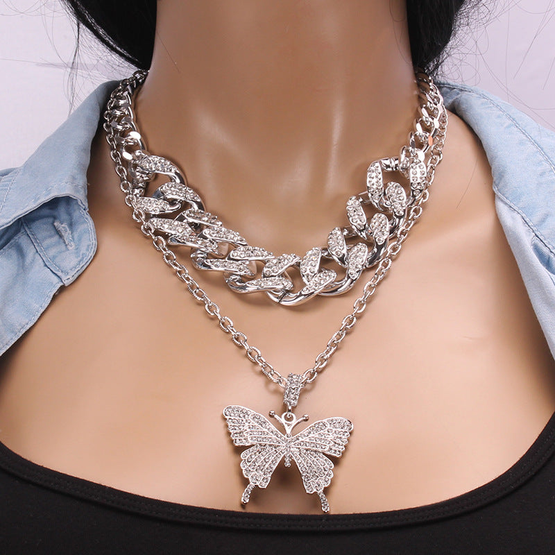 Jewelry Exquisite Exaggerated Diamond Geometric Necklace Female Retro Suit Cuban Chain Big Butterfly Necklace