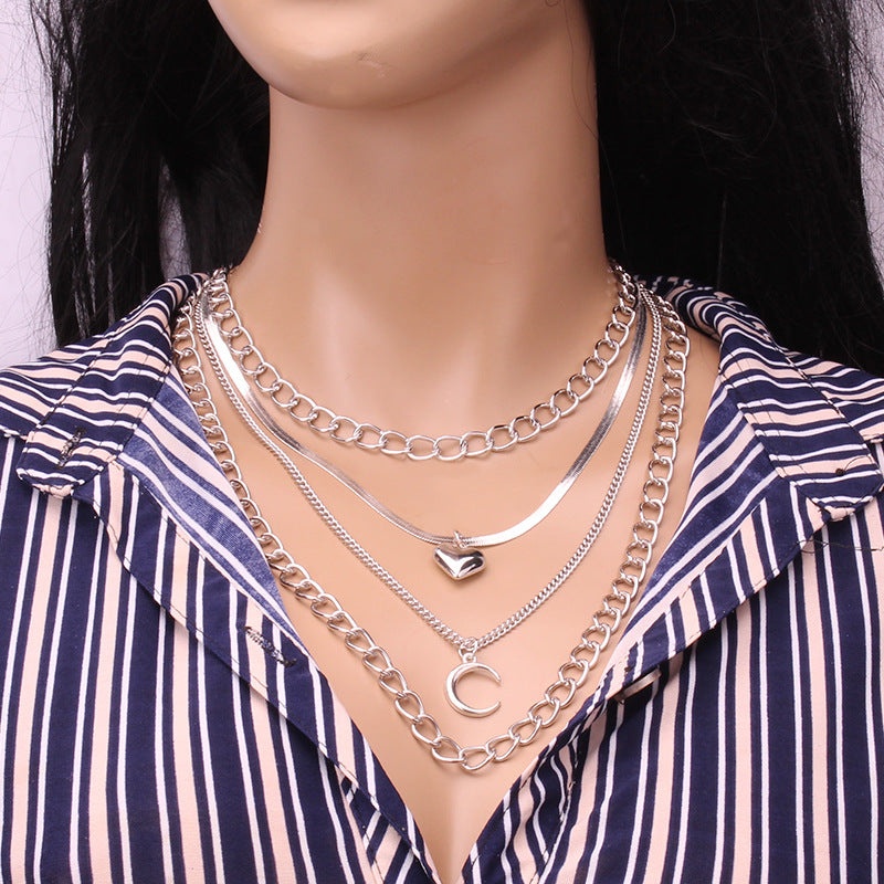 High-end multi-layer metal clavicle chain personality simple and indifferent peach heart moon pendant necklace
