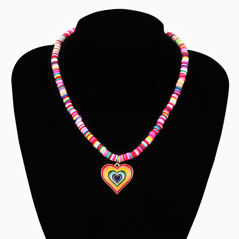 Niche design sense rainbow color soft pottery beaded gradient color love necklace female simple all-match necklace