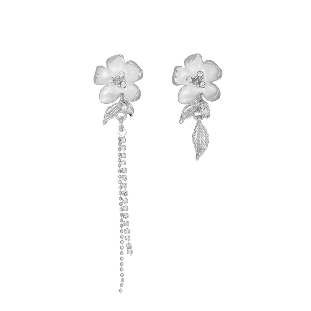 White camellia asymmetric earrings ins simple micro-inlaid zircon long tassel earrings flower earrings
