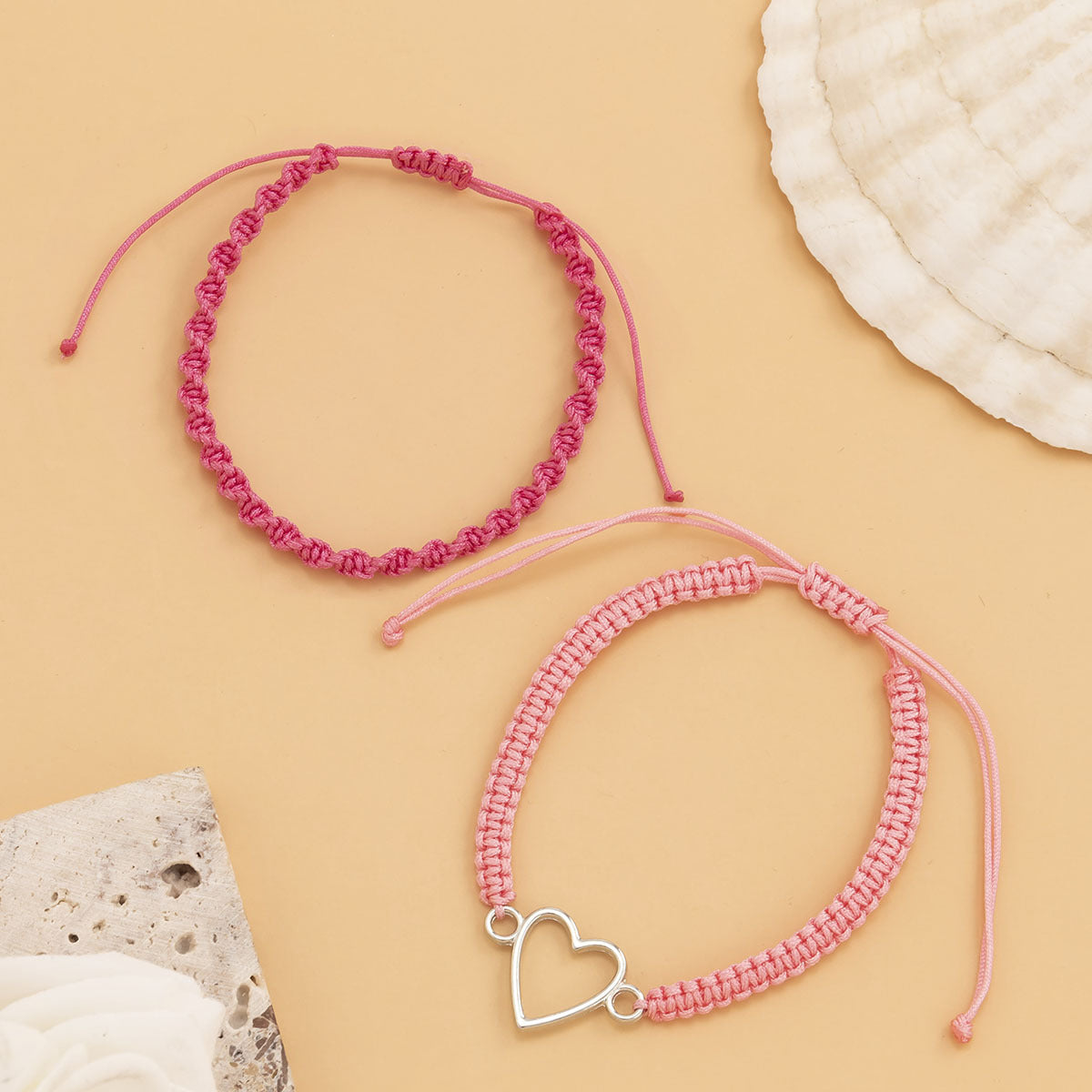 Jewelry Contrast Color Stitching Pink Braided Bracelet Sweet Cool Geometric Hollow Heart Set Hand Decoration