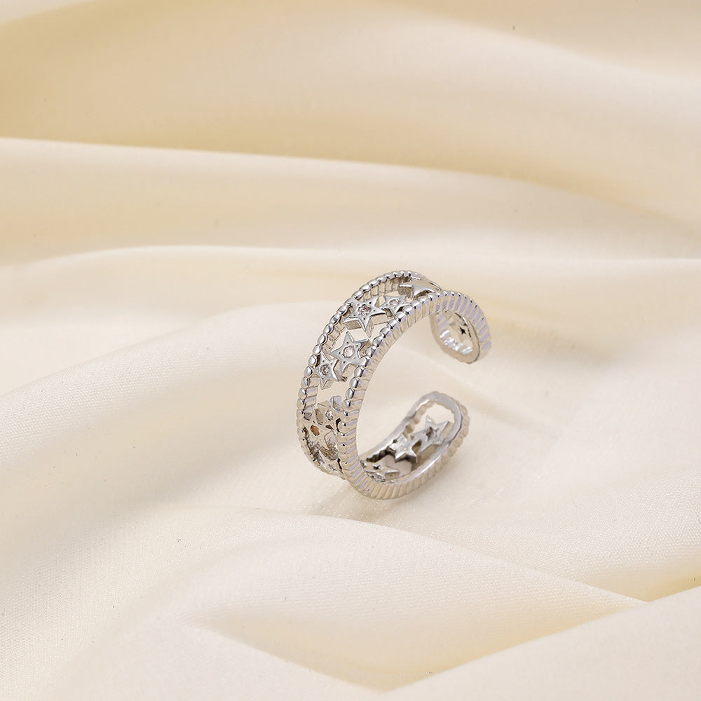 eaby simple and versatile star embellishment design women's ring hollow opening copper micro-inlaid zircon ring
