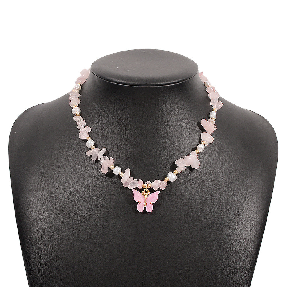 N9967 Net Red Necklace Female Xiaoxiang Retro Contrast Color Collarbone Necklace Imitation Pearl Butterfly Beaded Necklace