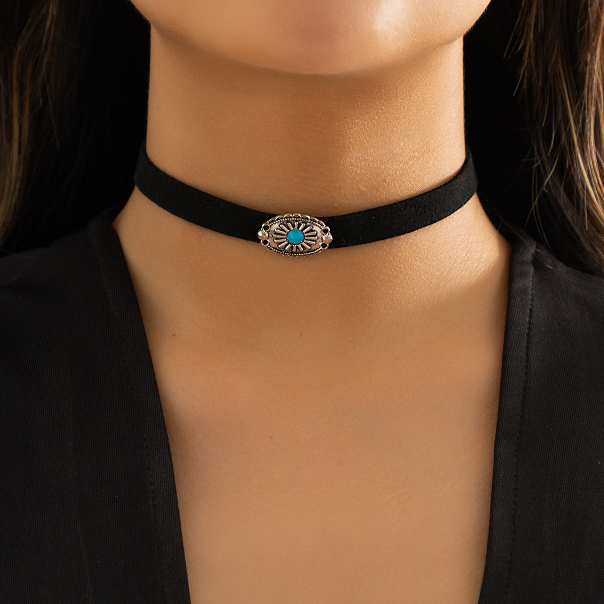 Retro flower plate alloy pendant velvet choker necklace femininity national turquoise single-layer choker necklace