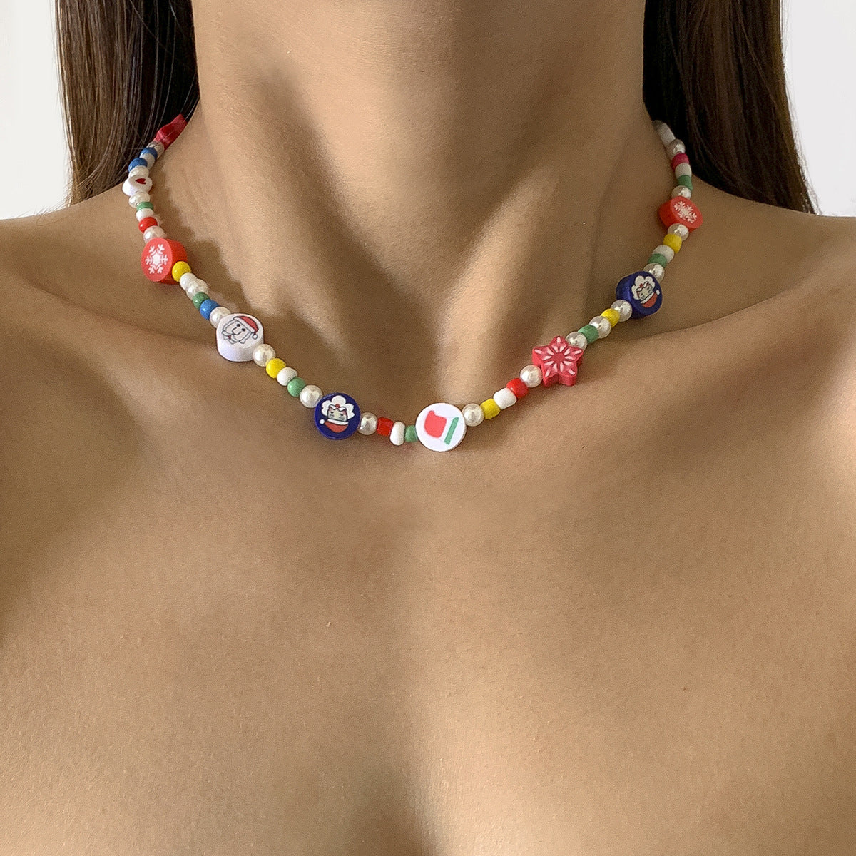 Creative color Christmas funny imitation pearl necklace jewelry soft pottery pattern beaded necklace female