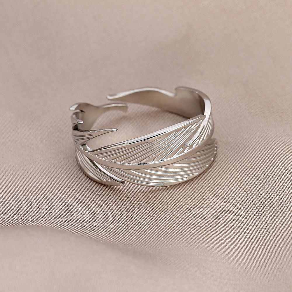 Personality adjustable stainless steel open ring simple feather leaf titanium steel ring jewelry female