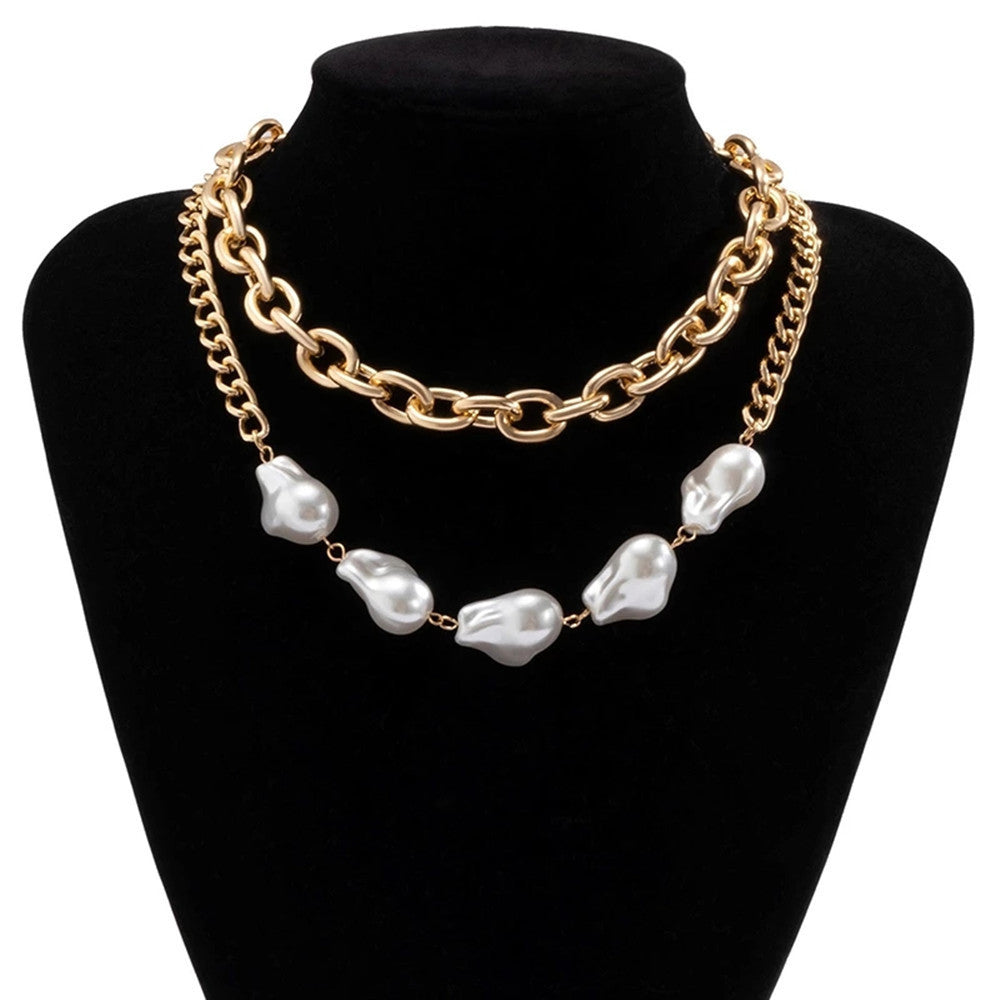 Jewelry Fashion Trend Single Layer Short Sweater Chain Personality Geometric Pearl Stitching Lock Necklace