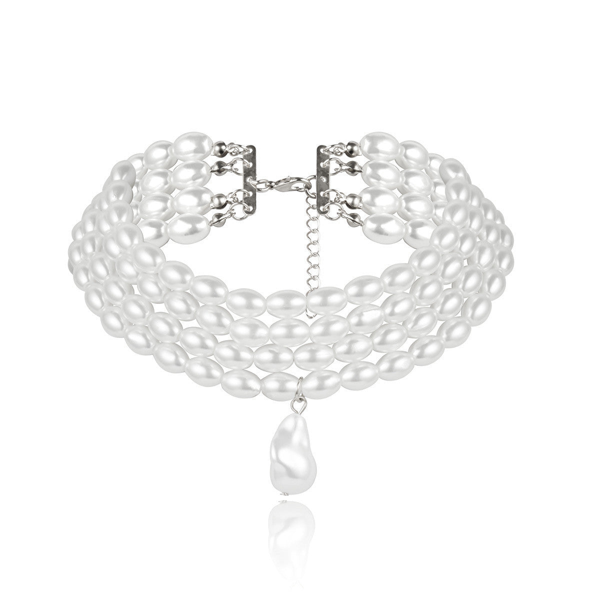 Multilayer Imitation Pearl Opposite Sex Pendant Necklace Geometric Beaded Choker Jewelry