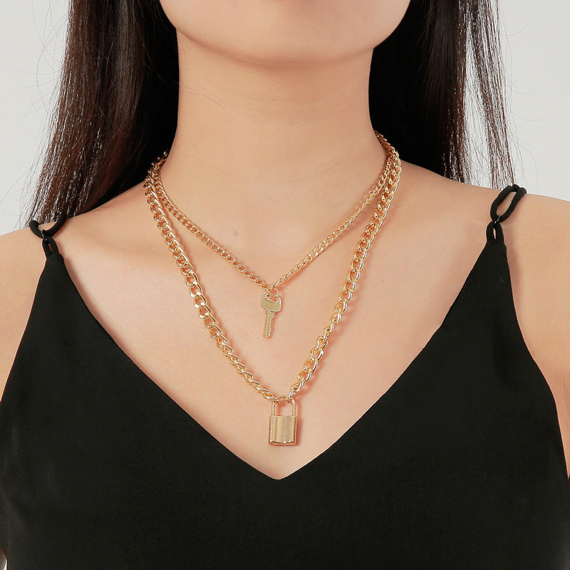 Retro Multilayer Necklace Creative Coin Love Lock Sweater Chain Metal Thick Chain Clavicle Chain Accessories
