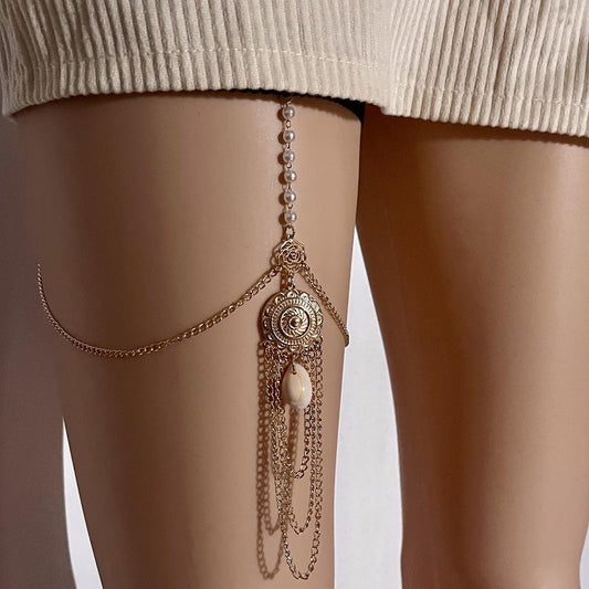Fashion Shell Tassel Leg Chain Women Metal Pearl Sexy Leg Chain Elastic Body Chain Women Legchain