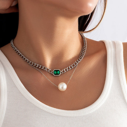 Jewelry imitation pearl thick chain mix and match necklace personality cold emerald double layer necklace