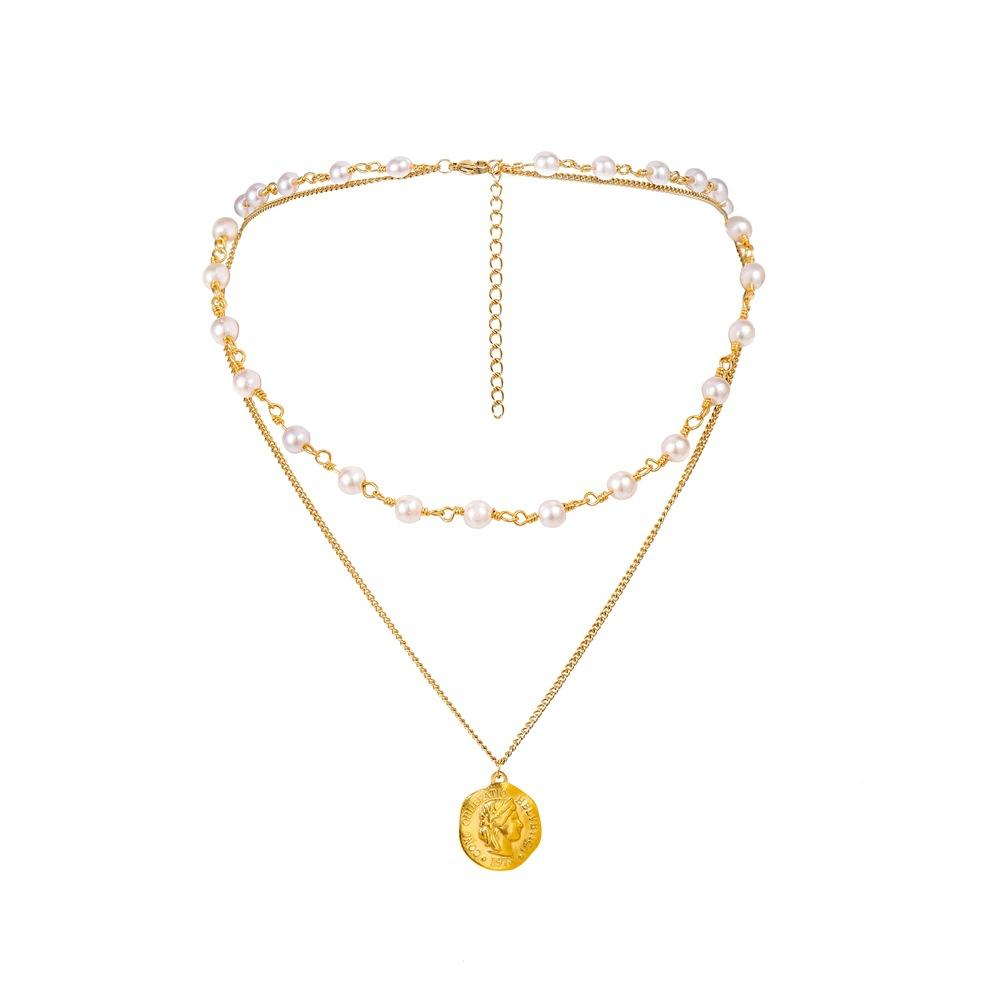 Titanium steel gold-plated pendant temperament all-match fashion pearl necklace retro round medal coin pendant necklace